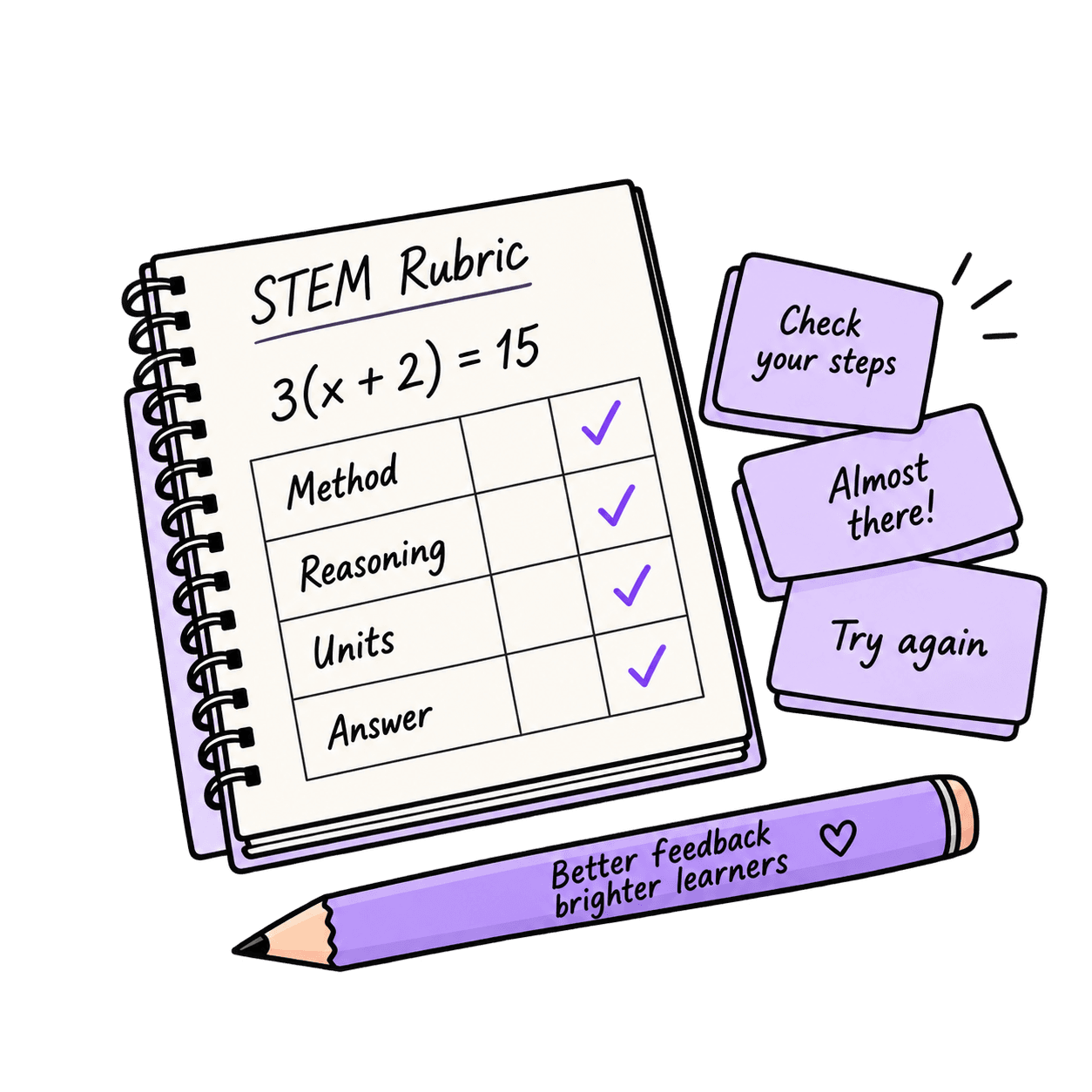 An illustrated STEM rubric notebook with handwritten feedback notes